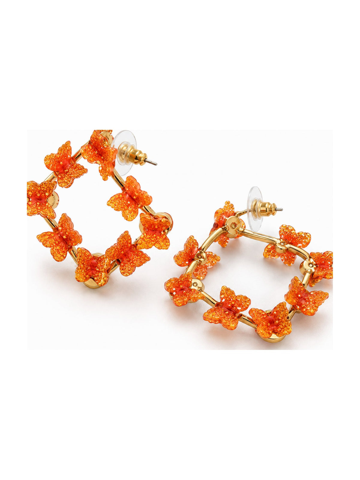 Glitter Butterfly Square Frame Studs Orange - Attractive Sister