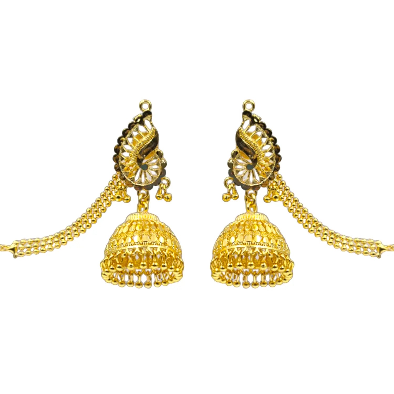 Gold Plated Jhumka Earrings with Hair Chain – Bridal & Ethnic Jewelry Attractive Sister