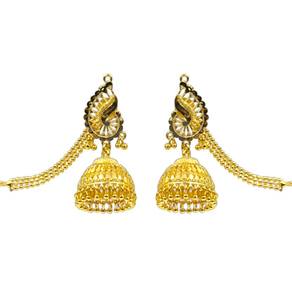 Gold Plated Jhumka Earrings with Hair Chain – Bridal & Ethnic Jewelry Attractive Sister