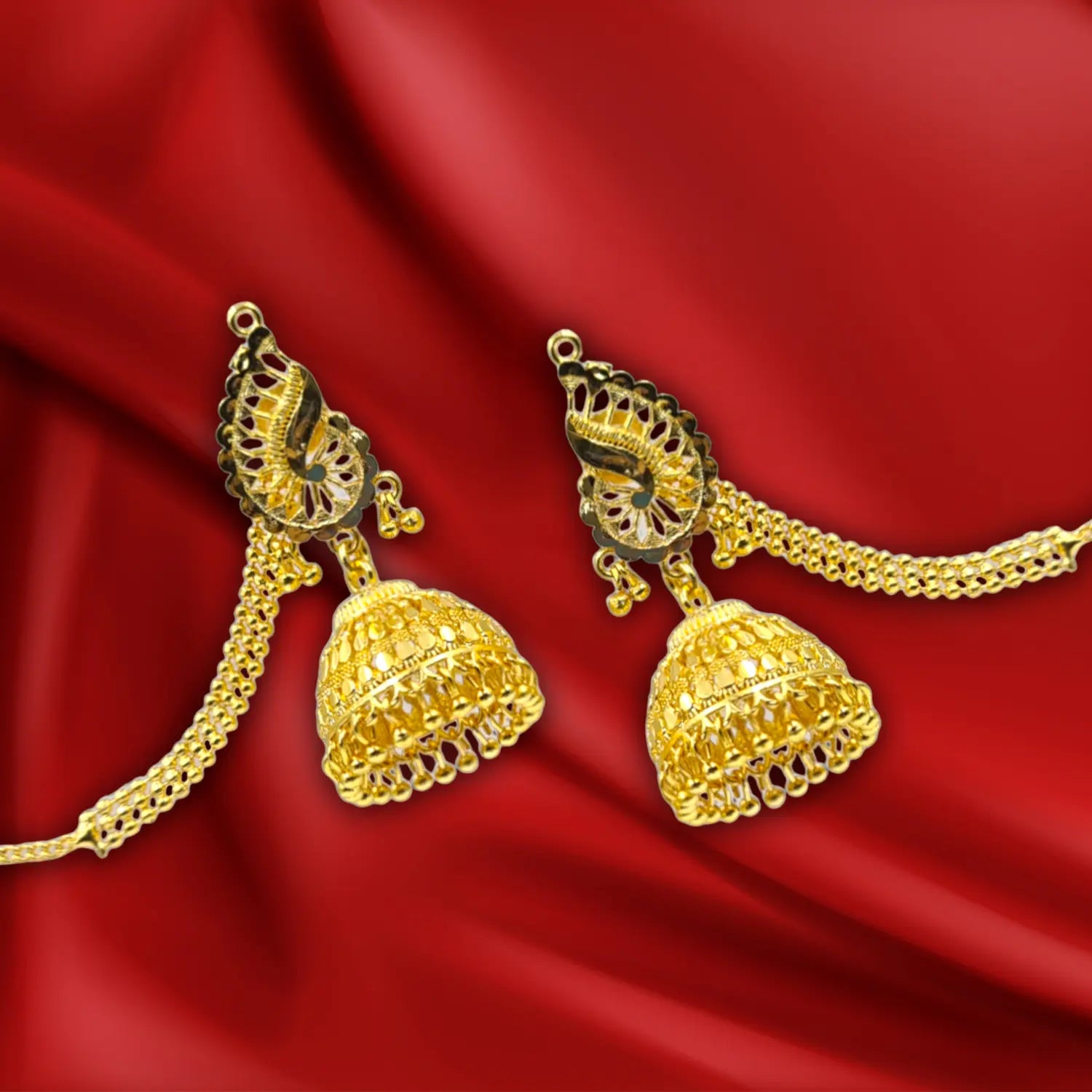 Gold Plated Jhumka Earrings with Hair Chain – Bridal & Ethnic Jewelry Attractive Sister