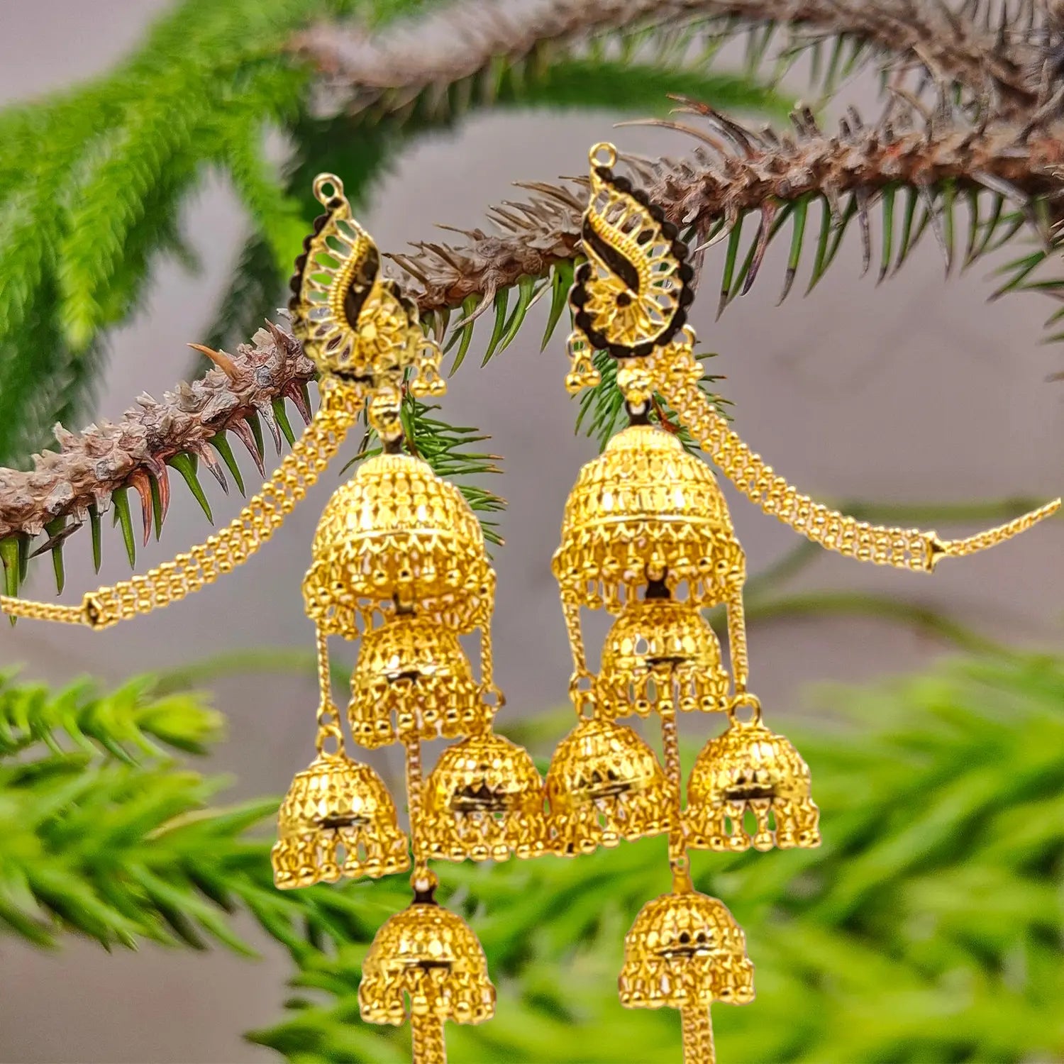 Attractive Sister Multi-Layer Gold Plated Jhumka Earrings with Hair Chain – Royal Bridal Jewelry Attractive Sister