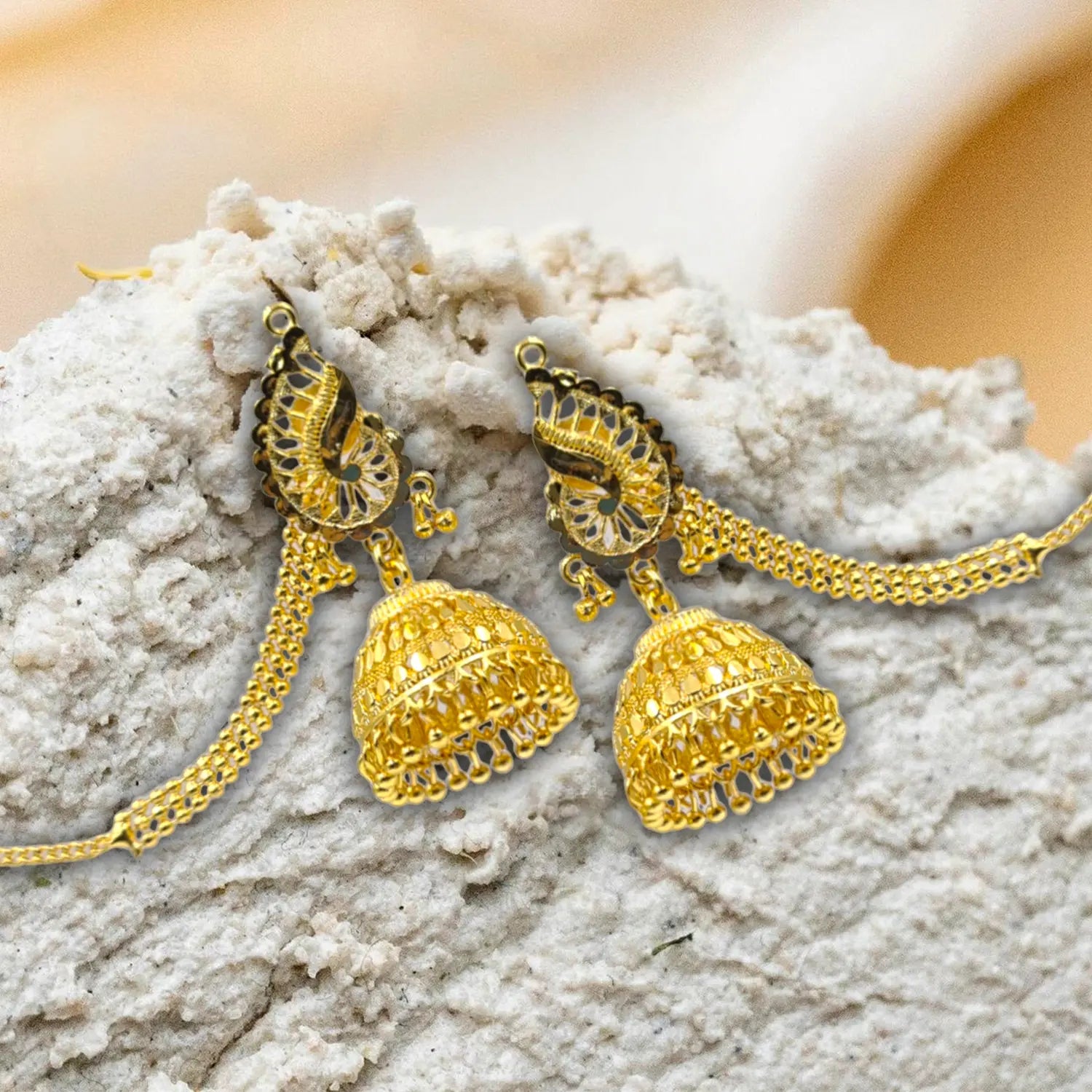 Gold Plated Jhumka Earrings with Hair Chain – Bridal & Ethnic Jewelry Attractive Sister