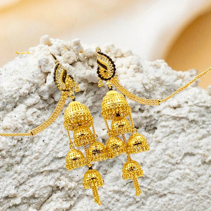 Attractive Sister Multi-Layer Gold Plated Jhumka Earrings with Hair Chain – Royal Bridal Jewelry Attractive Sister