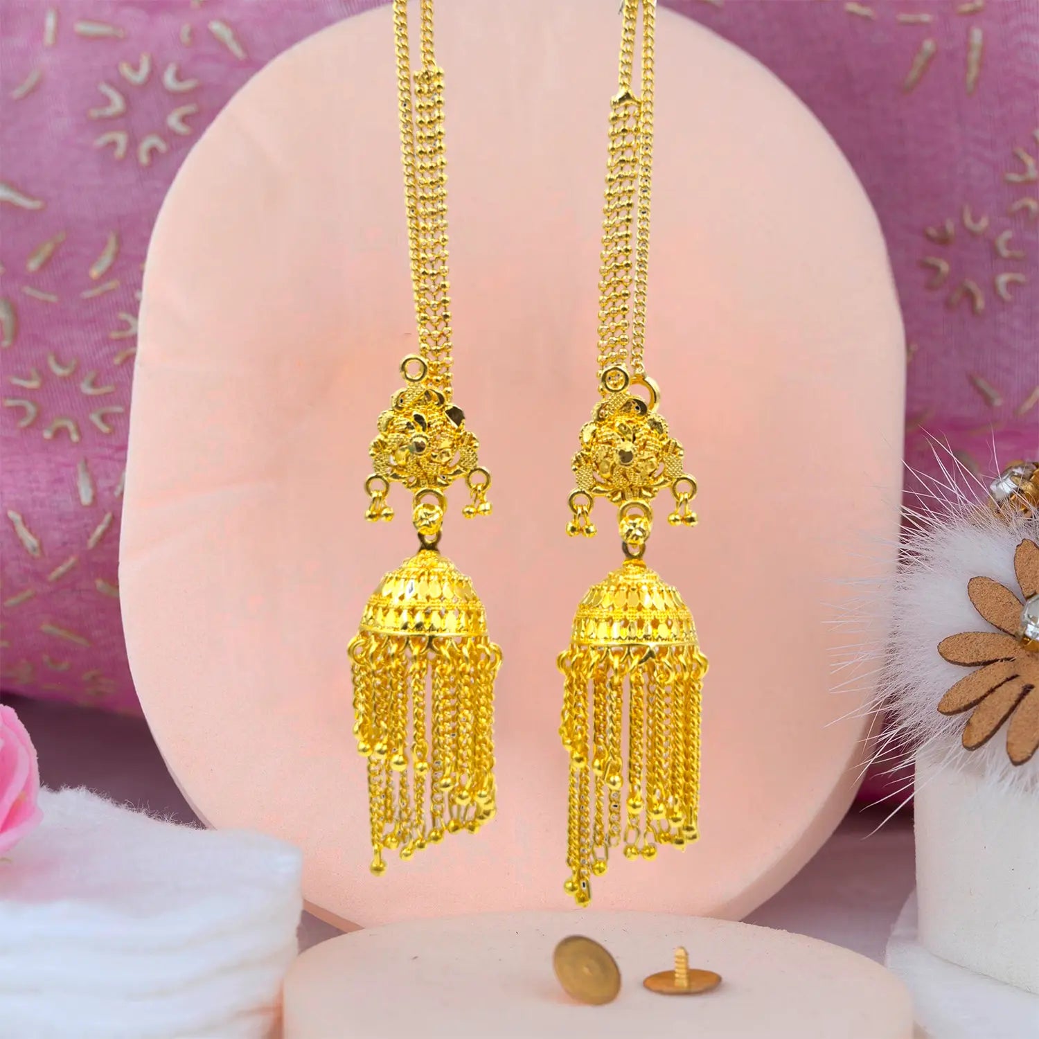 Gold Plated Chain Jhumka Earrings – Elegant Indian Ethnic Jewelry Attractive Sister