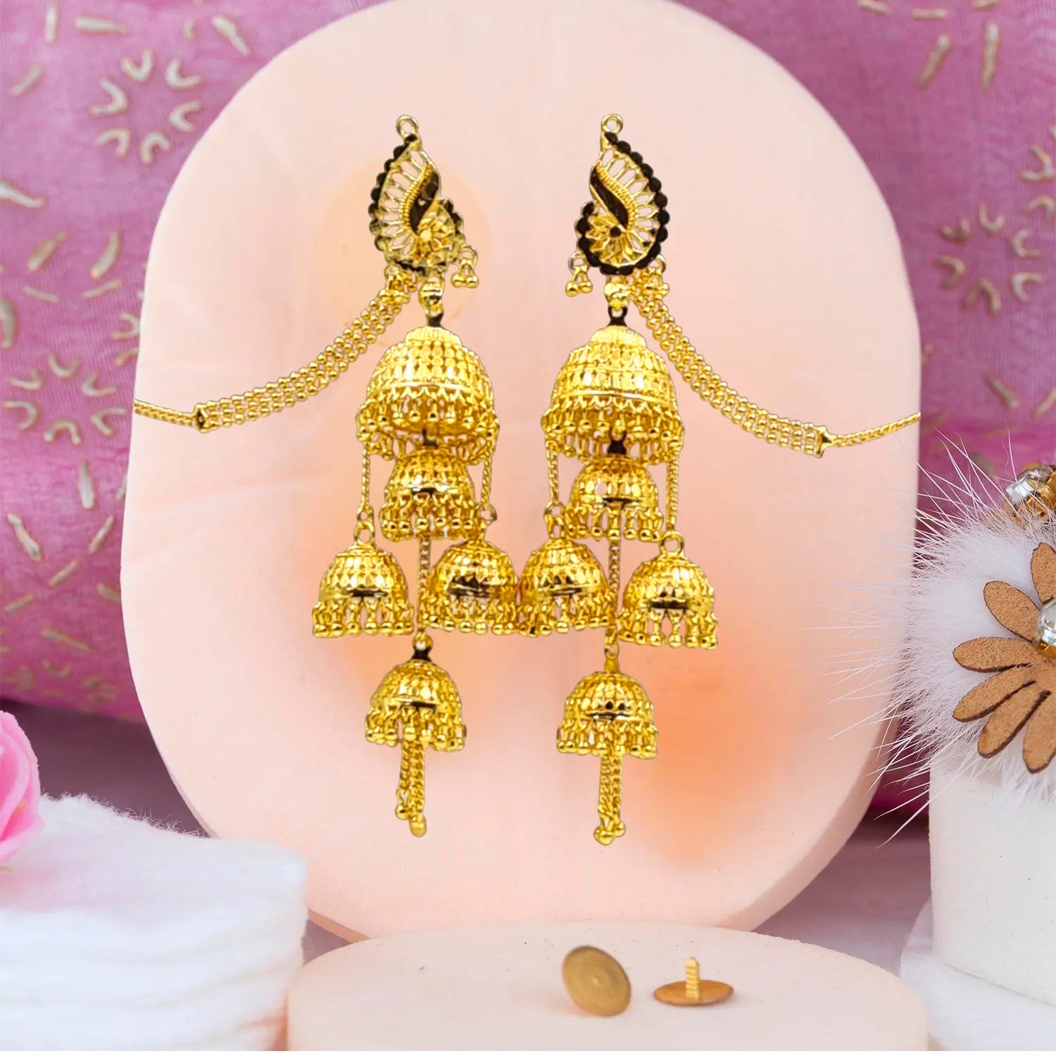 Attractive Sister Multi-Layer Gold Plated Jhumka Earrings with Hair Chain – Royal Bridal Jewelry Attractive Sister