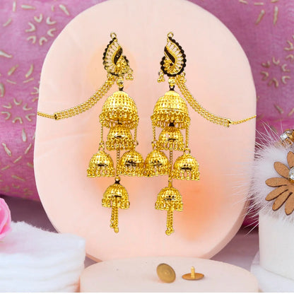 Attractive Sister Multi-Layer Gold Plated Jhumka Earrings with Hair Chain – Royal Bridal Jewelry Attractive Sister