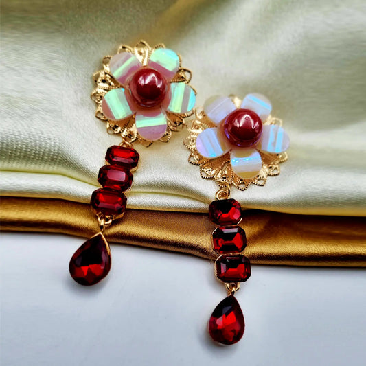 "Gilded Opulence: Red Rhinestone and Pearl Drop Earrings" Attractive Sister