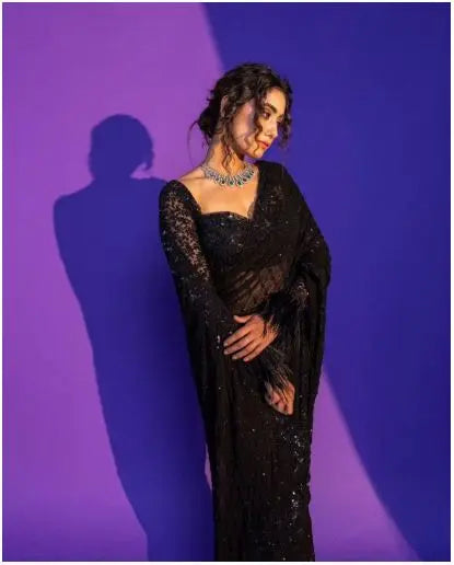 Bollywood Style Black Soft Net Sequence Saree RE