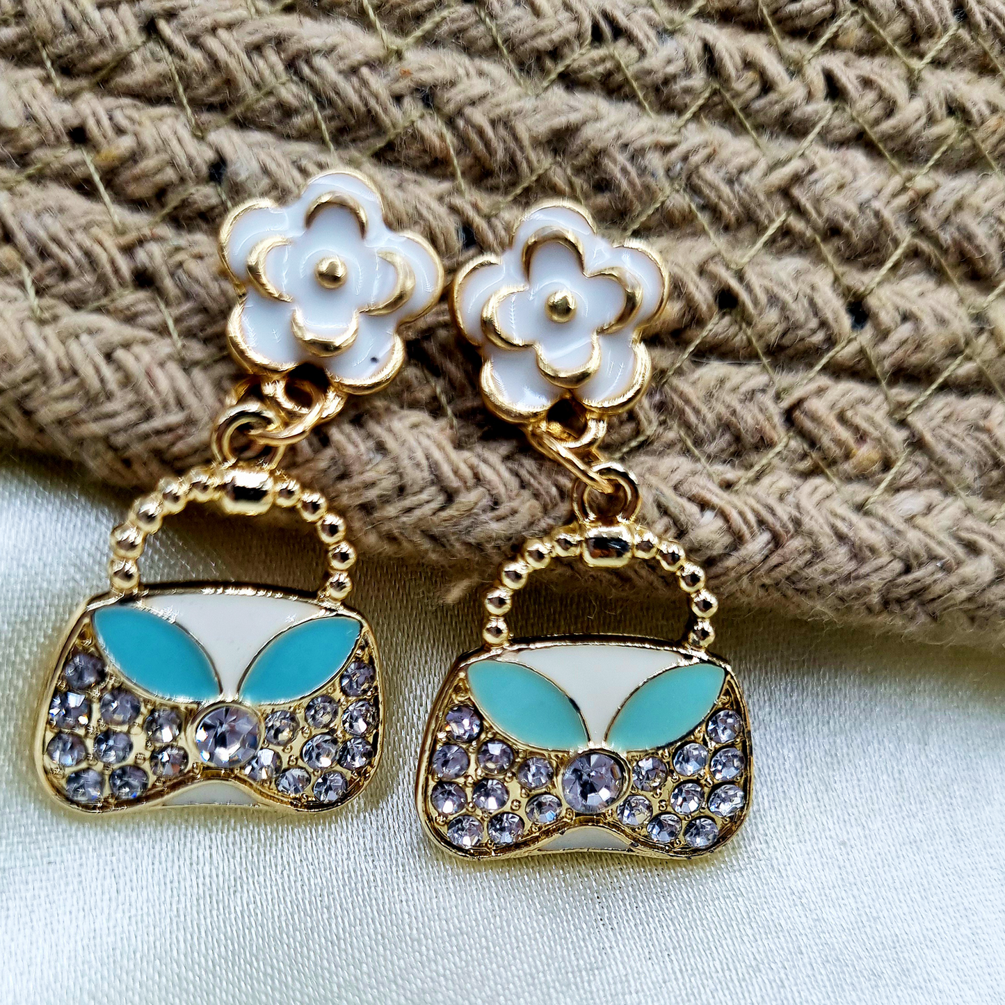 Miniature Metallic Purse Dangle Earrings with Floral Accents