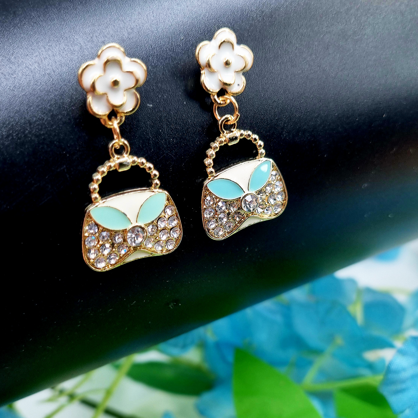 Miniature Metallic Purse Dangle Earrings with Floral Accents