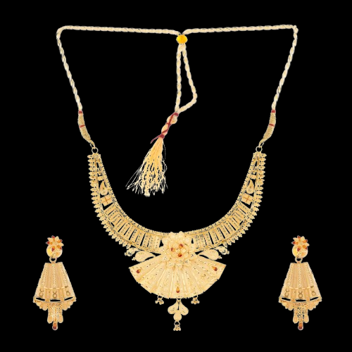 South Indian Gold-Plated Floral Fan Necklace and Earrings Set for Special Occasions