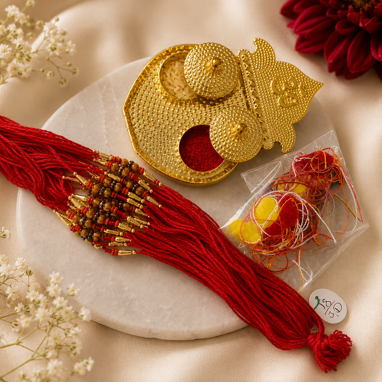 Rakhi Set ( Pack of 12 ) with chawal roli plate and pooha rakhi 2 pair