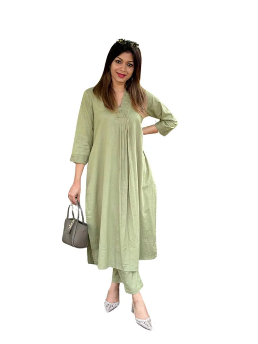 Green Color Embroidered Cotton Co-Ord Set For Women's and Girls Casual Wear Size-M BazaarBag