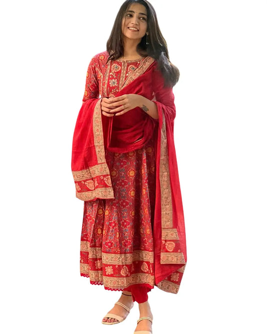 Anarkali Suit Set Women Kurta Set with Dupatta Women's Embroidery Designer Cotton Anarkali Kurta Pant Dupatta Suit Size-M Generic