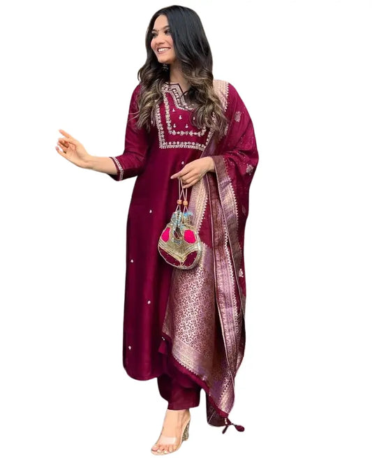 Women'S And Girls Wear Maroon Color Roman Silk Embroidered Work A-Line Kurta, Pant and Dupatta Set Size-M BazaarBag