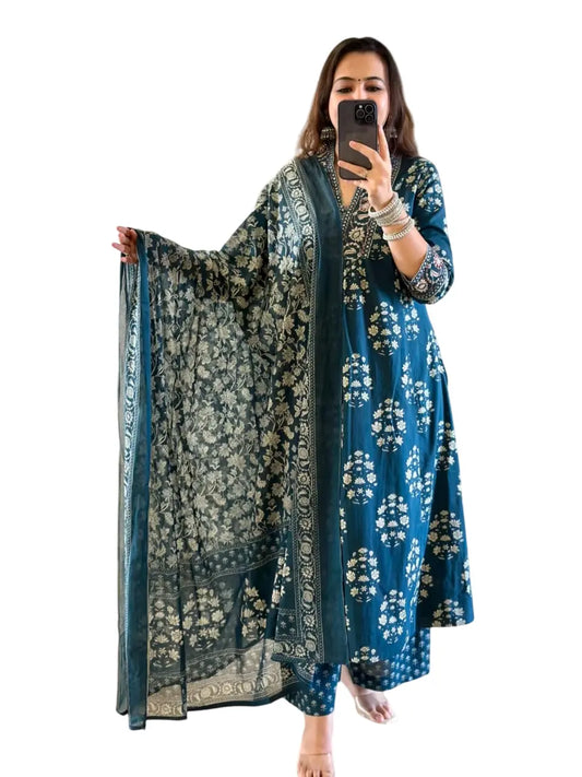Women's Cotton Blue Kurti with Floral Print,Anarkali 3pc set Size -M Generic