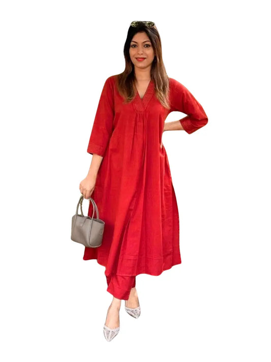 Red Color Embroidered Cotton Co-Ord Set For Women's and Girls Casual Wear Size-XXL BazaarBag
