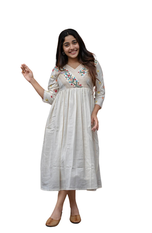 Women's Off White Embroidered Cotton Anarkali Gown Size-M BazaarBag
