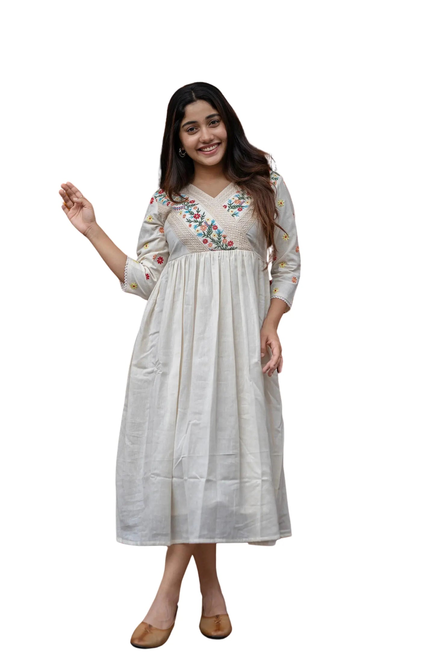 Women's Off White Embroidered Cotton Anarkali Gown Size-XL BazaarBag