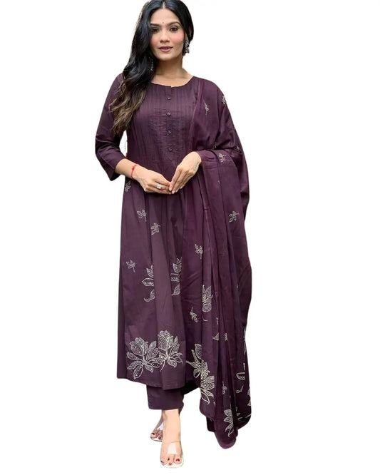purple Long Kurta having Discharge Floral Print and Printex, Pants & Dupatta Size-M BazaarBag