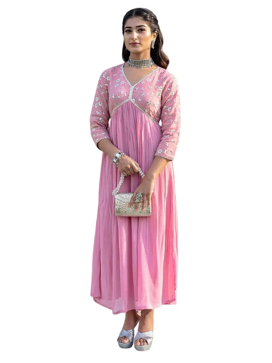 Women's Cotton Pink embroidery work Georgette kurta set Size -XL BazaarBag