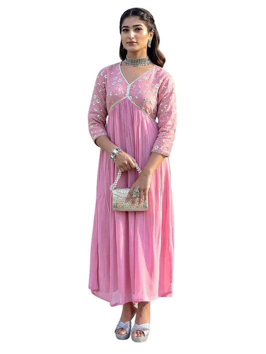Women's Cotton Pink embroidery work Georgette kurta set Size -L BazaarBag