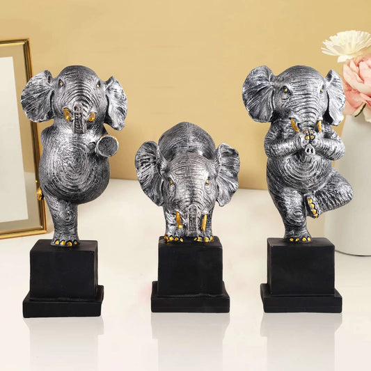 M/S PREM CRAFTS  Polyresin Elephant Showpiece Statue and Artifacts for Home Decor, Living Room, Table Decoration for Gifting, Interiors and Diwali Decoration Silver (Set Of 3) M/S PREM CRAFTS