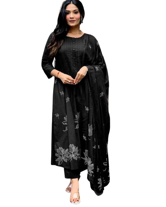 Black Long Kurta having Discharge Floral Print and Printex, Pants & Dupatta Size-M BazaarBag