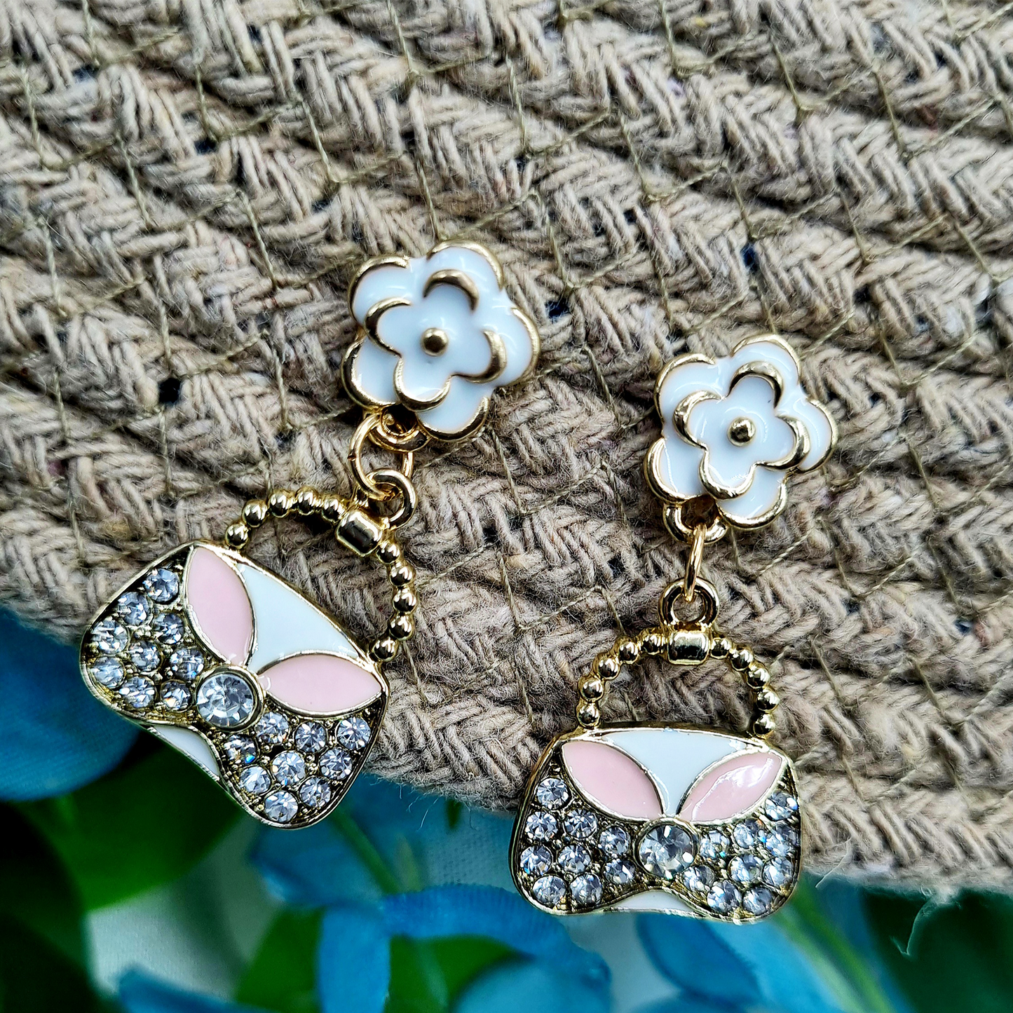 Miniature Metallic Purse Dangle Earrings with Floral Accents