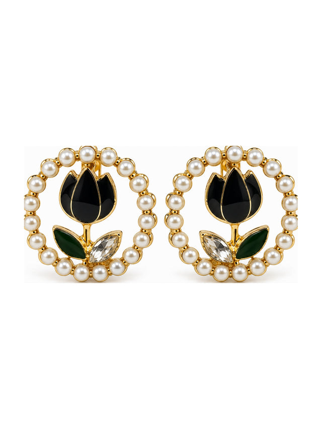 Pearl Halo Tulip Studs Black - Attractive Sister