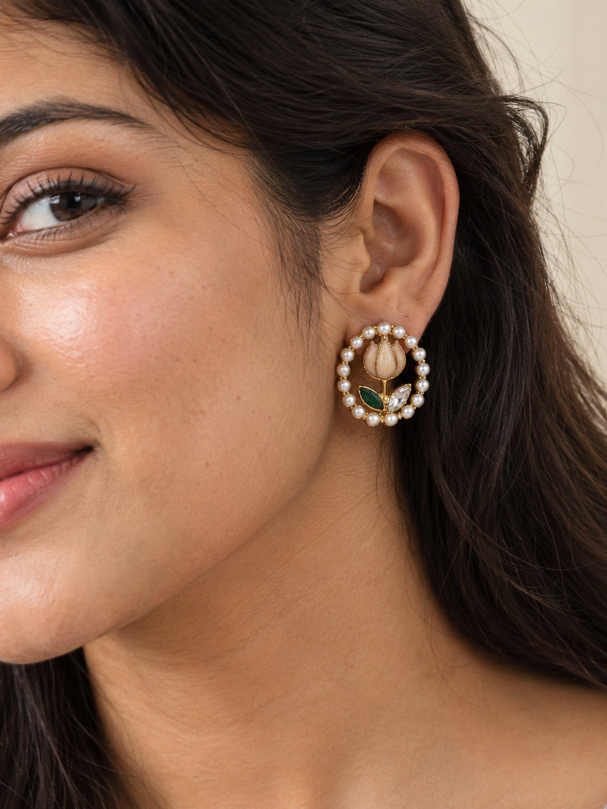 Pearl Halo Tulip Studs Ivory - Attractive Sister