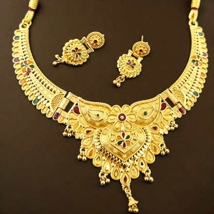 Handmade Traditional Indian Gold-Plated Bridal Choker Necklace Set with Earrings | Red & Green Floral Design | Wedding & Festive Jewelry