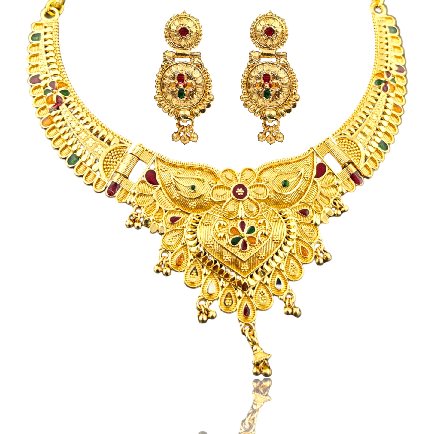 Handmade Traditional Indian Gold-Plated Bridal Choker Necklace Set with Earrings | Red & Green Floral Design | Wedding & Festive Jewelry