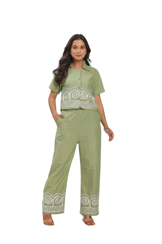 Green Color EmbroideGreen Cotton Co-Ord Set For Women's and Girls Size-M BazaarBag