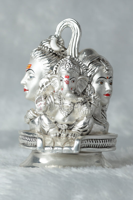 "Silver-Plated Antique Shivling with Lord Shiva, Parvati, and Ganesh - 5.5x3.5x4 Inches, 757g Spiritual Idol"