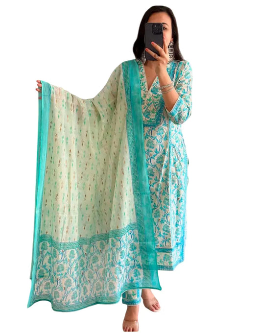 Women's Cotton Green Kurti with Floral Print,Anarkali 3pc set Size -M Generic