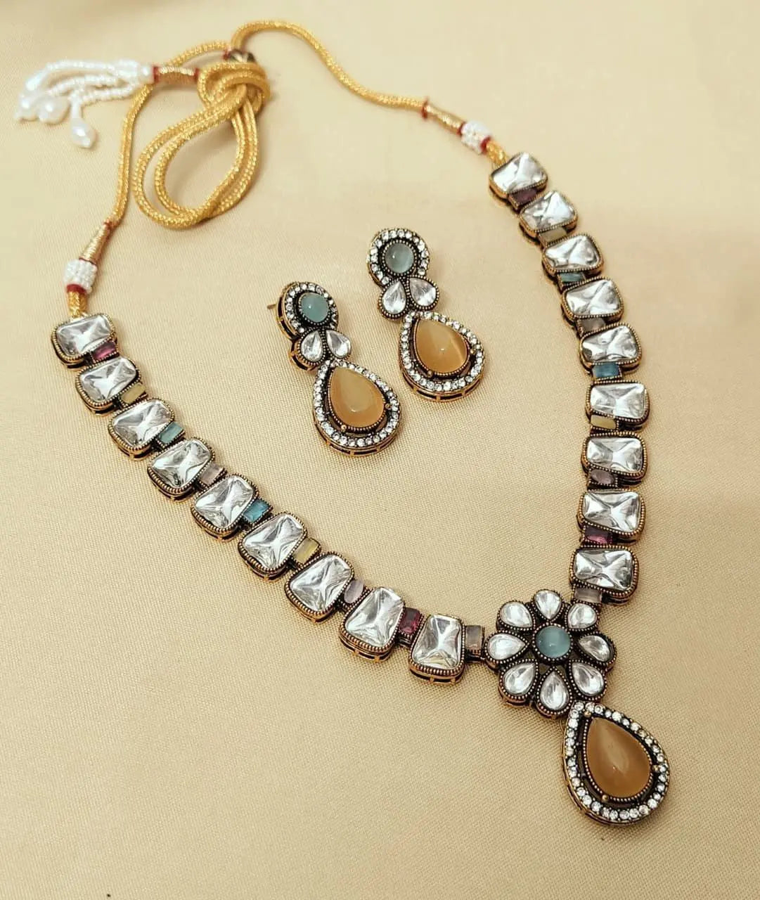 Beautiful Premium Quality Pachi Kundan Jewelry Set with Original Stones & Earrings RE