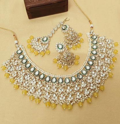 Premium Quality Bridal Pearl Kundan Necklace Set with Earrings & Maang Tikka RE