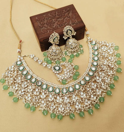 Premium Quality Bridal Pearl Kundan Necklace Set with Earrings & Maang Tikka RE