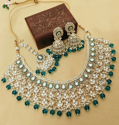 Premium Quality Bridal Pearl Kundan Necklace Set with Earrings & Maang Tikka RE
