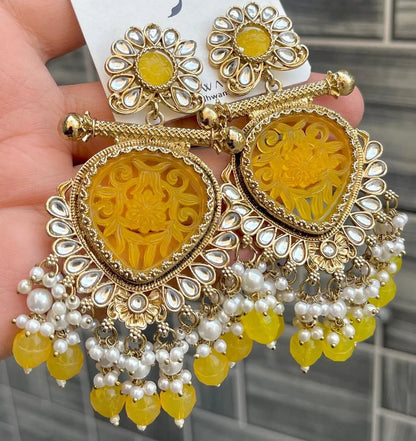 Haldi Special Yellow Carved Stone Earrings with Kundan & Pearls – Trending Mehndi Jewellery 2025 RE