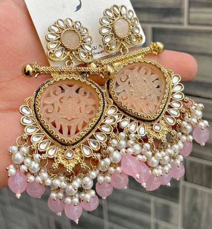 Haldi Special Yellow Carved Stone Earrings with Kundan & Pearls – Trending Mehndi Jewellery 2025 RE