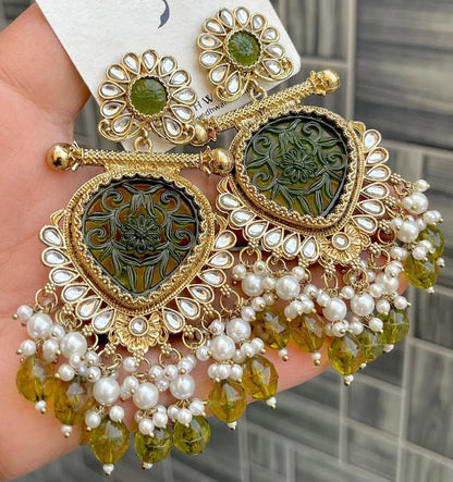 Haldi Special Yellow Carved Stone Earrings with Kundan & Pearls – Trending Mehndi Jewellery 2025 RE