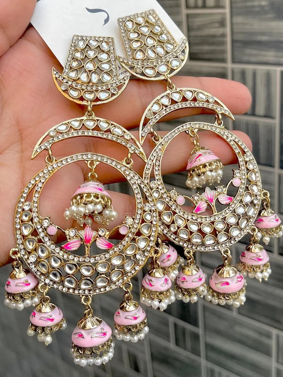 Trending Kundan Meenakari Chandbali Earrings with Pearl Drops – Bridal Wedding Jewellery RE