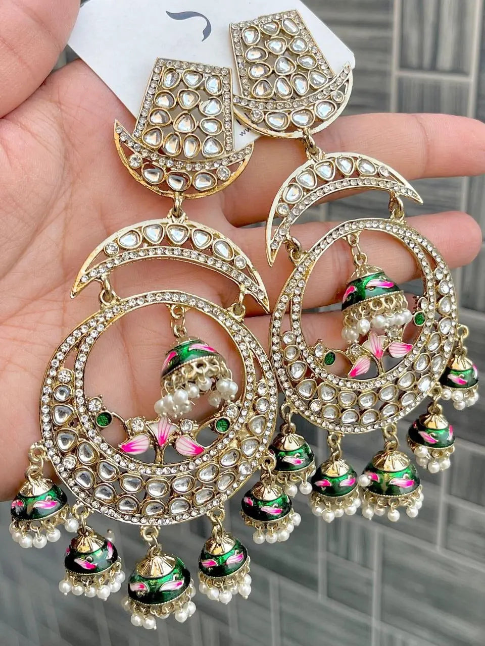 Trending Kundan Meenakari Chandbali Earrings with Pearl Drops – Bridal Wedding Jewellery RE