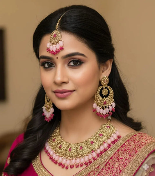 Luxury Gold-Plated Kundan Bridal Set for Weddings – Pink Stone Necklace, Earrings & Tikka RE