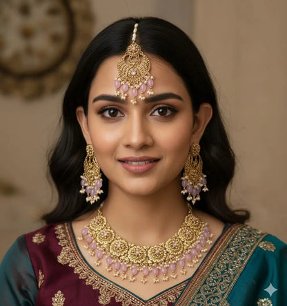 Luxury Gold-Plated Kundan Bridal Set for Weddings – Pink Stone Necklace, Earrings & Tikka RE
