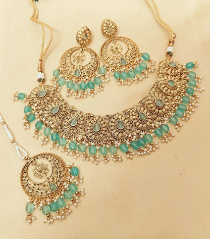 Luxury Gold-Plated Kundan Bridal Set for Weddings – Pink Stone Necklace, Earrings & Tikka RE