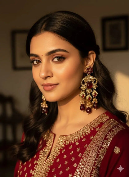 Trending Kundan Meenakari Chandbali Earrings with Red Jhumki – Party, Wedding & Festival Wear RE