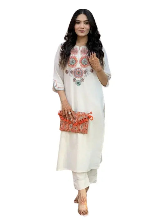 Women's Pure Cotton Embroidery Co-Ord Set | White Floral Coo-rd Set for Women | Cotton Kurti Pants Set Size -L BazaarBag